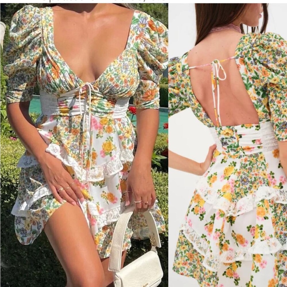 For Love & Lemons Rosalyn‎ Mini Dress Yellow White Floral Medium